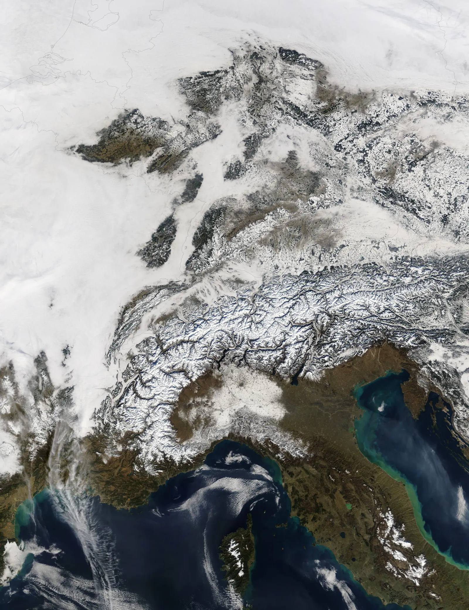 Terra MODIS view of the snow-covered Alps and northern Italy, including Lombardy and the Adriatic Sea