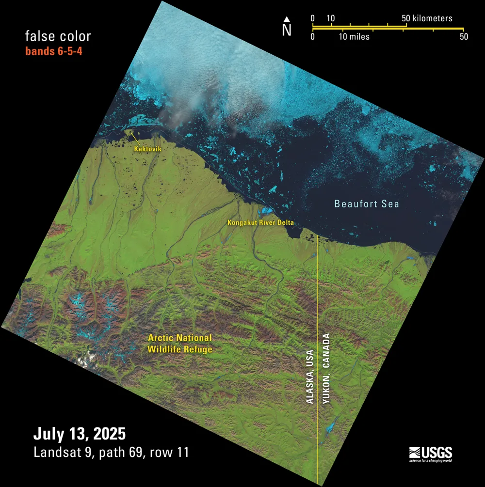 False-color Landsat 9 scene of the Beaufort Sea shoreline at the Alaska-Canada border