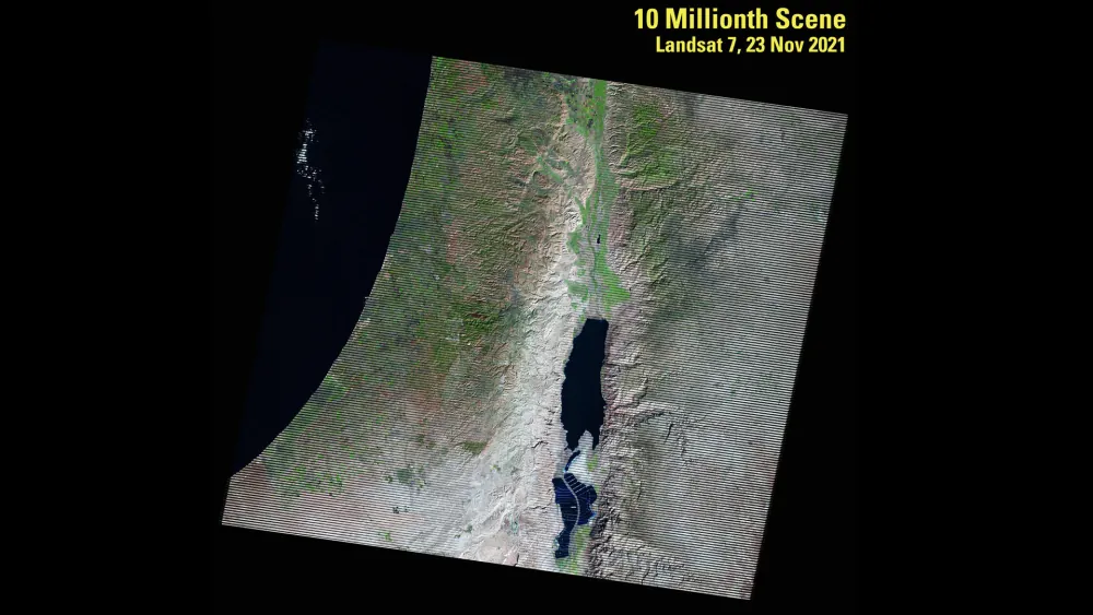 False-color Landsat 7 scene of the Dead Sea, the ten-millionth image added to the Landsat archive