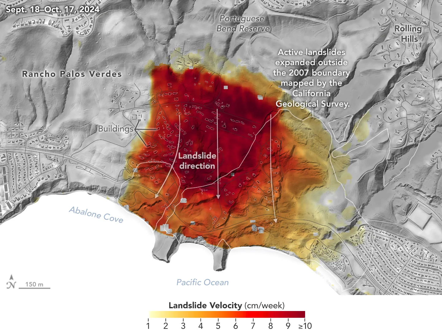 NASA radar-derived map of landslide velocity and movement direction on the Palos Verdes Peninsula