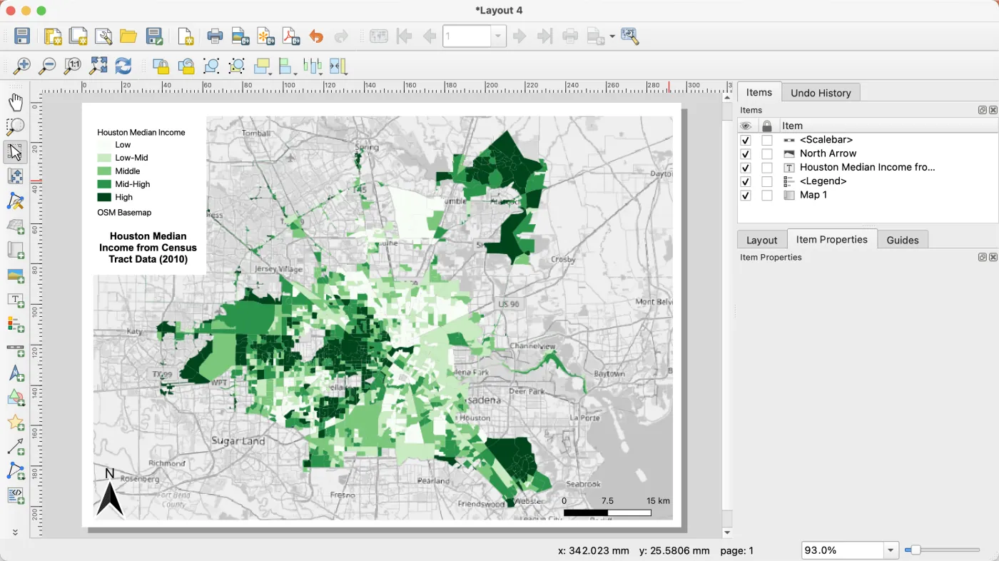 QGIS workspace displaying layered geospatial data and a choropleth map of median income in Houston