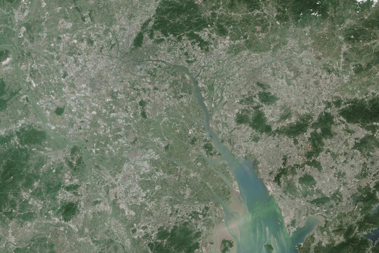 Landsat view of the Pearl River Delta's dense urban fabric, used as context for map-generalization research