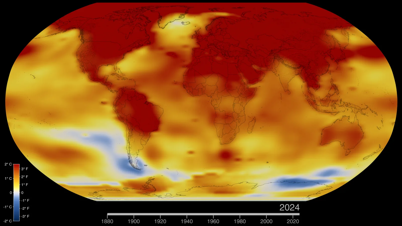 NASA global surface-temperature anomaly map in Robinson projection, with warmer and cooler regions encoded in red and blue